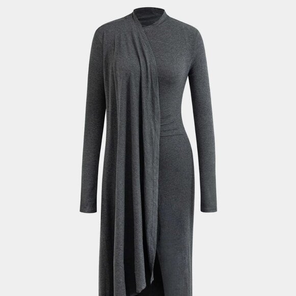 Micas Mock Neck Wrap Ruched Long Sleeve Slit Maxi Dress | XL - Picture 2 of 5